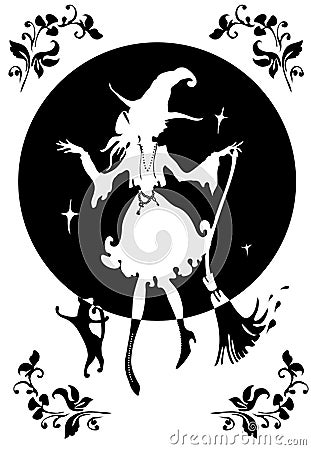 Dancing Witch with broom and cat. In big hat. Vector Illustration