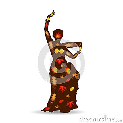 Dancing woman oriental, Autumn illustration silhouette on whit Vector Illustration