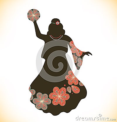 Dancing woman in retro traditional clothes. Girl in vintage dress with tambourine. Sketchy woman silhouette. Gypsy Vector Illustration