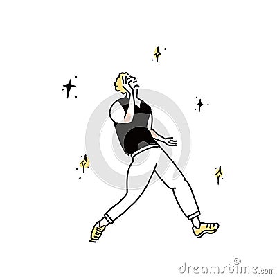 Dancing young man in vest. Happy person celebrates success. Club dancer, vector outline illustration isolated on white Vector Illustration