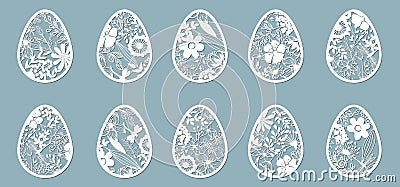 Dandelion, bell, leaves, flowers, fern, chamomile carved in egg. Vector illustration. Easter eggs for Easter holidays. Set of Vector Illustration