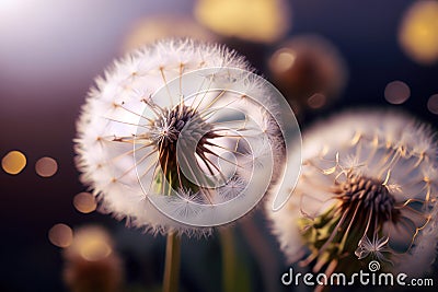 Dandelion clock close up over dark bokeh background. Stock Photo