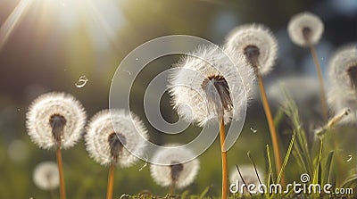 Dandelion Dance: Whimsical Seeds Floating Across a Sunlit Spring-Summer Garden Lawn. Stock Photo