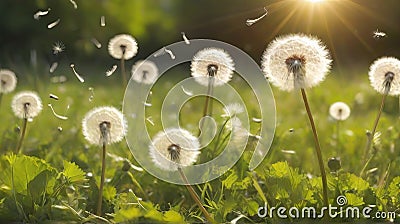 Dandelion Dance: Whimsical Seeds Floating Across a Sunlit Spring-Summer Garden Lawn. Stock Photo