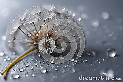 Dandelion with drops of dew in a silver color. Water drops on a parachutes dandelion on a beautiful silver background Stock Photo