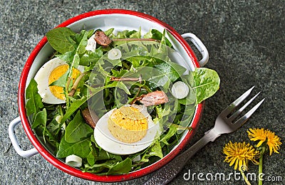 Dandelion egg salad with onions and cheese Stock Photo