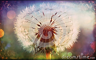 dandelion, Fairytale style, faded paper, mixed media, photo, vibrant Stock Photo