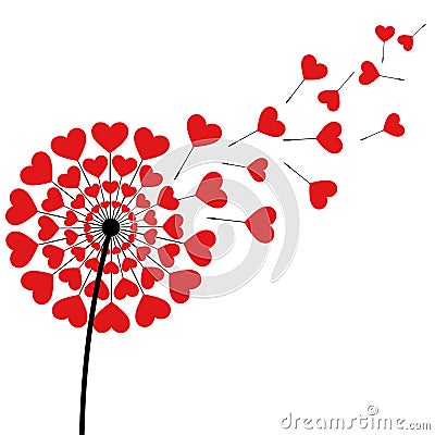 Dandelion fluff red heart shaped on white background Vector Illustration