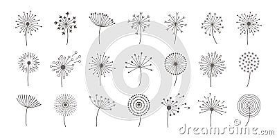 Dandelion fluffy flower flat icons set. Floral design. Summer flowers blossom. Blowball Vector Illustration