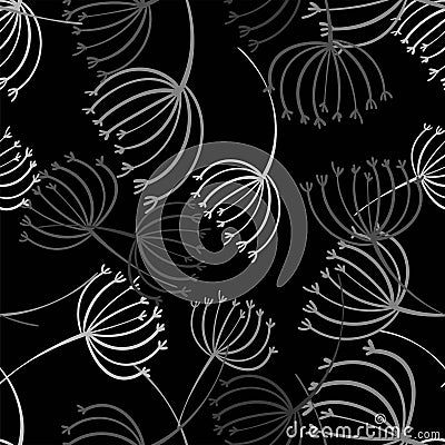 Dandelion grey seamless on dark background. Decorative dandelion wallpaper. Seamless pattern background. Abstract Vector Illustration