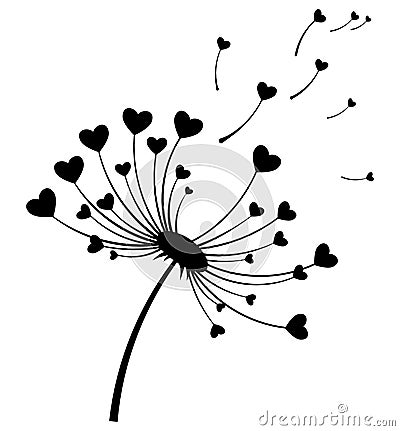 Dandelion with hearts. Black and white dandelion with flying seeds. Vector illustration of a summer flower. Silhouette Vector Illustration