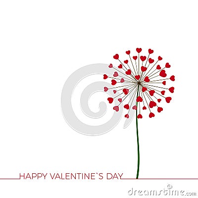 Dandelion with hearts. Happy Valentine`s day greeting card. Lovely romance flower. Congratulation with Love. Vector Vector Illustration