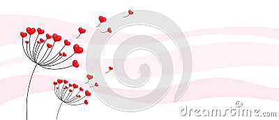 Dandelion with hearts. Happy Valentine's day greeting card. Lovely romance flower. Congratulation with Love Vector Illustration