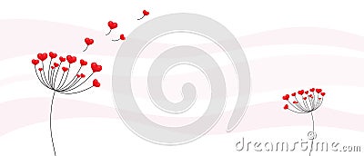 Dandelion with hearts. Happy Valentine's day greeting card. Lovely romance flower. Congratulation with Love Vector Illustration