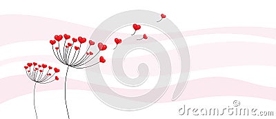 Dandelion with hearts. Happy Valentine's day greeting card. Lovely romance flower. Congratulation with Love Vector Illustration