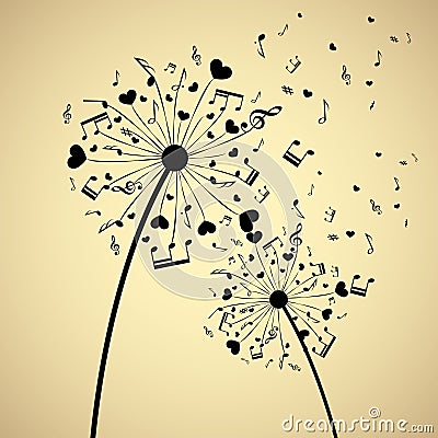 Dandelion with hearts and notes Vector Illustration