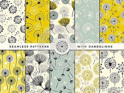 Dandelion seamless. Wind flowers nature herbal decorate vector collection for print design project Vector Illustration