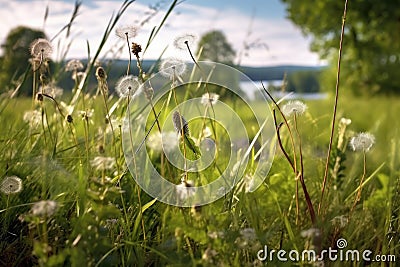 dandelion seed head dispersal in a meadow Stock Photo