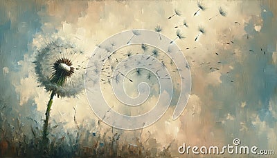 Dandelion with seeds dispersing and birds in flight Stock Photo