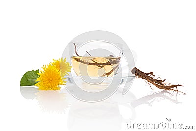 Dandelion tea background, herbal remedy. Stock Photo