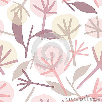 Dandelion wild flowers hand drawn vector seamless pattern. Pink blossoms flat background, backdrop. Wildflowers Vector Illustration