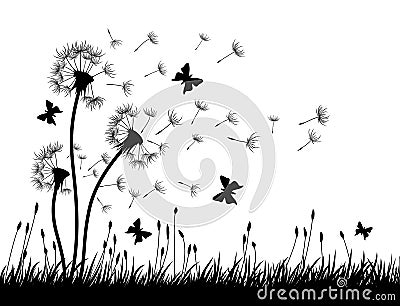 Dandelions with butterflies. Vector Illustration