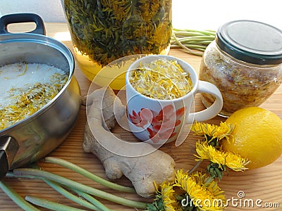 Dandelions flowers drink wine Stock Photo