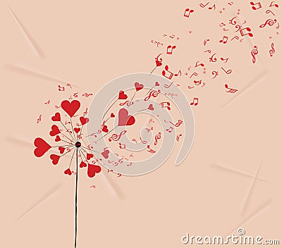 Dandelions hearts and music valentines romantic background Vector Illustration