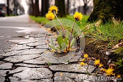 dandelions journey from pavement crack to bloom Stock Photo