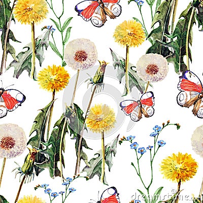 Dandelions , meadow flowers, butterfly, watercolor, pattern seamless Stock Photo