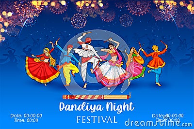 Dandiya in disco Garba Night banner poster for Navratri Dussehra festival of India Vector Illustration