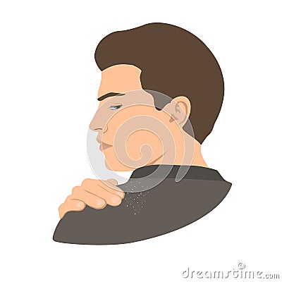 Dandruff on man shoulder. Head, hand, wrist, fingers. Side view. Vector illustration. Vector Illustration