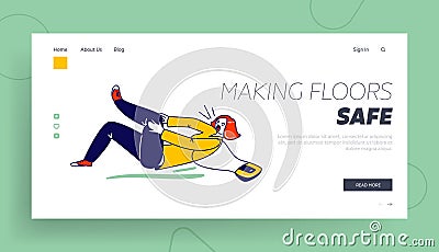 Danger Accident, Slip and Stumble Landing Page Template. Female Character Slipping and Falling on Wet Floor Puddle Vector Illustration