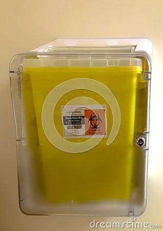 Danger Biohazard Sharps Waste Only garbage container Stock Photo