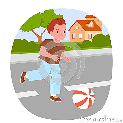 Danger for child on city road, naughty baby boy running, playing football on street Vector Illustration