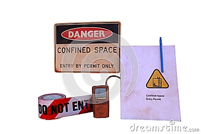 Danger confined space entry by permit only warning sign, barricade danger tape with white background Stock Photo