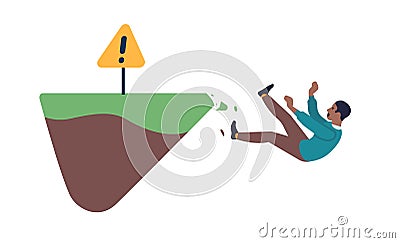 Danger of falling off cliff. Attention sign. Dangerous situation. Person flying down of mountain. Climbing risk Vector Illustration