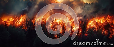 danger forest fire in pine forest at night. Aerial top view Stock Photo