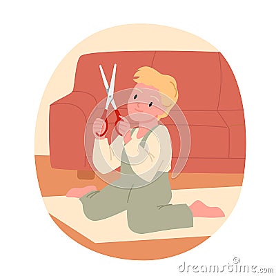 Danger of injury to child playing with sharp scissors, careless toddler holding home tool Vector Illustration