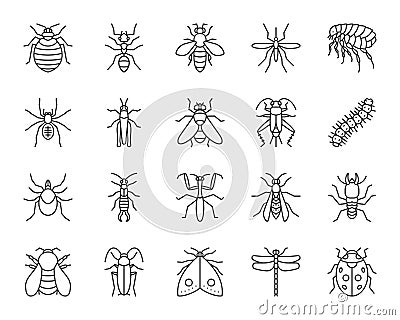 Danger Insect simple black line icons vector set Vector Illustration