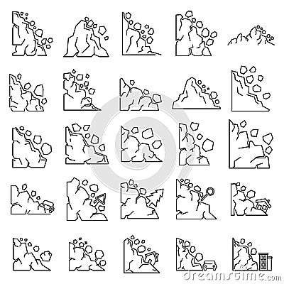 Danger landslide icons set, outline style Vector Illustration