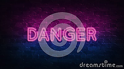 DANGER neon sign. purple and blue glow. neon text. Brick wall lit by neon lamps. Night lighting on the wall. 3d render Cartoon Illustration