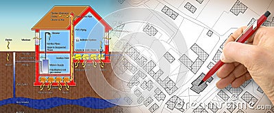 The danger of radon gas in our homes - concept illustration with hand drawing over an imaginary cadastral map of territory Cartoon Illustration