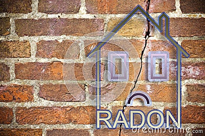 The danger of radon gas in our homes - concept image with an outline of a small house with radon text against a cracked brick wall Stock Photo