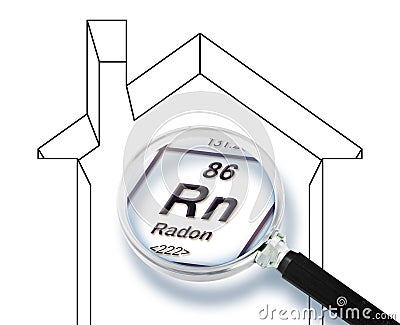 The danger of radon gas in our homes - concept image with periodic table of the elements and home silhouette seen through a Stock Photo