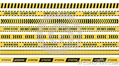 Danger ribbon. Alert stripes, warning tape and striped yellow and black ribbons realistic vector illustration set Vector Illustration