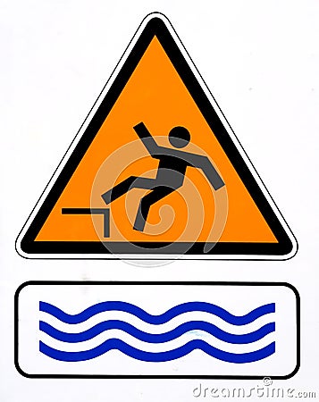 Danger, risk falling in water. Warning sign. Stock Photo