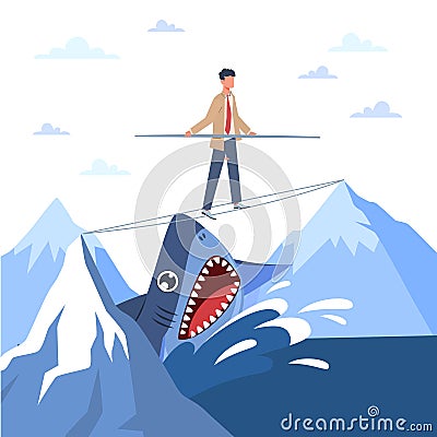 Danger, risk situation, excitement, extreme leisure, man walks tightrope between mountain peaks, shark in water Vector Illustration