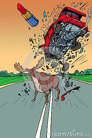 Danger on the road, wild animals. moose and car Vector Illustration