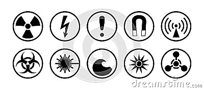 Danger signs and symbols set. Round pictogram, icons for radiation, biological and chemical hazards, high risks Vector Illustration